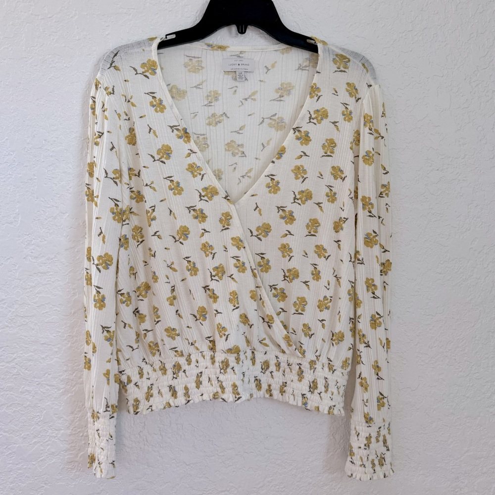 Lucky Brand White Long Sleeve Women's Top - Yellow Flower‎ Detail - Size Small
